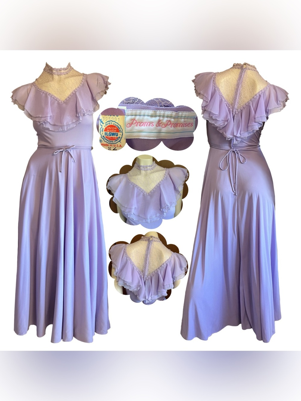 Genuine 1980s Lavender Ruffle Lace High Neck Flutter Sleeve Prom Dress